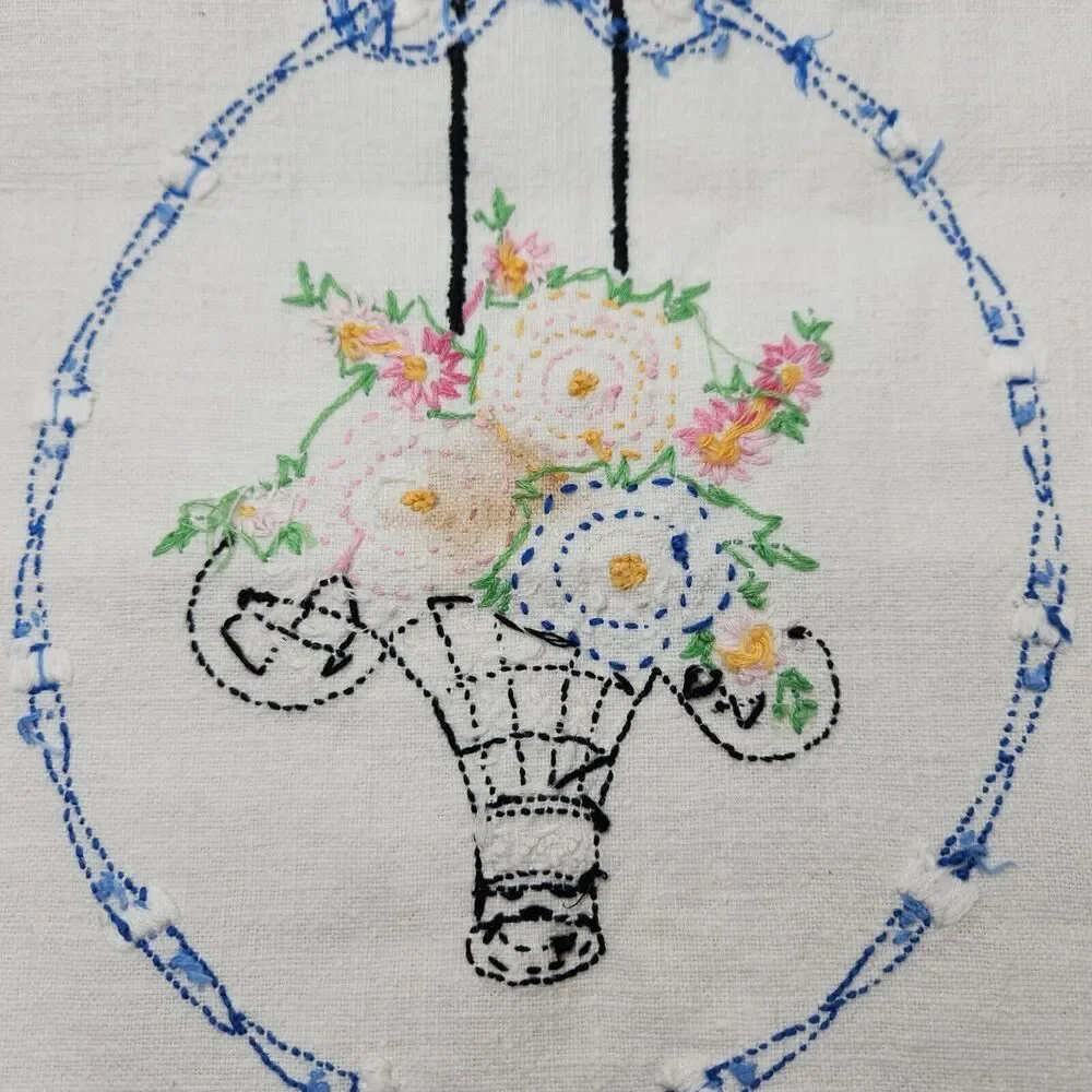 Embroidered Table Runner Dresser‎ Scarf Baskets Flowers 17in x 38in Stains